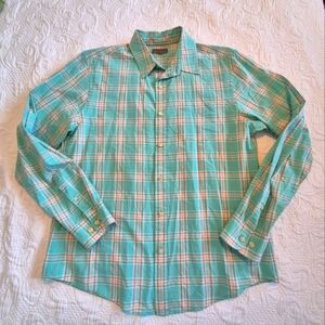 L L Bean men's Medium mint tan & light orange plaid long sleeve shirt EUC